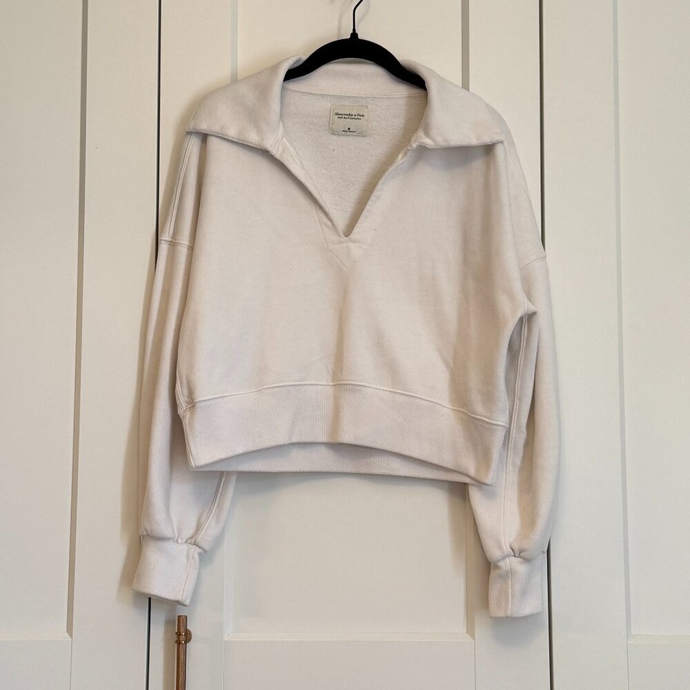 Abercrombie & Fitch Cropped Collared Pullover WHITE Sweatshirt